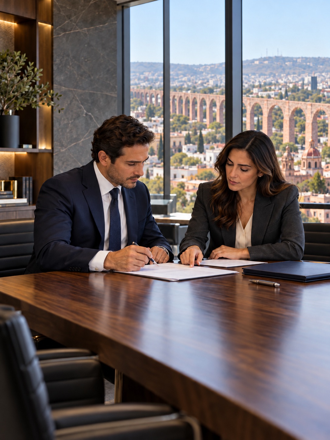Profesionales en oficina con vista al Acueducto de Querétaro — proyecto IUS Enterprise G&M